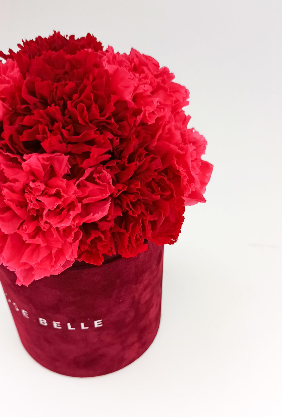 Rose Belle Box S bordowy DeLuxe z czerwonymi goździkami