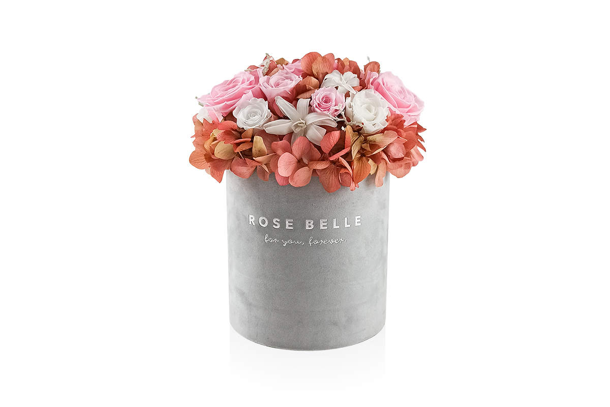 Rose Belle Box M szary DeLuxe z hortensją Jesienny